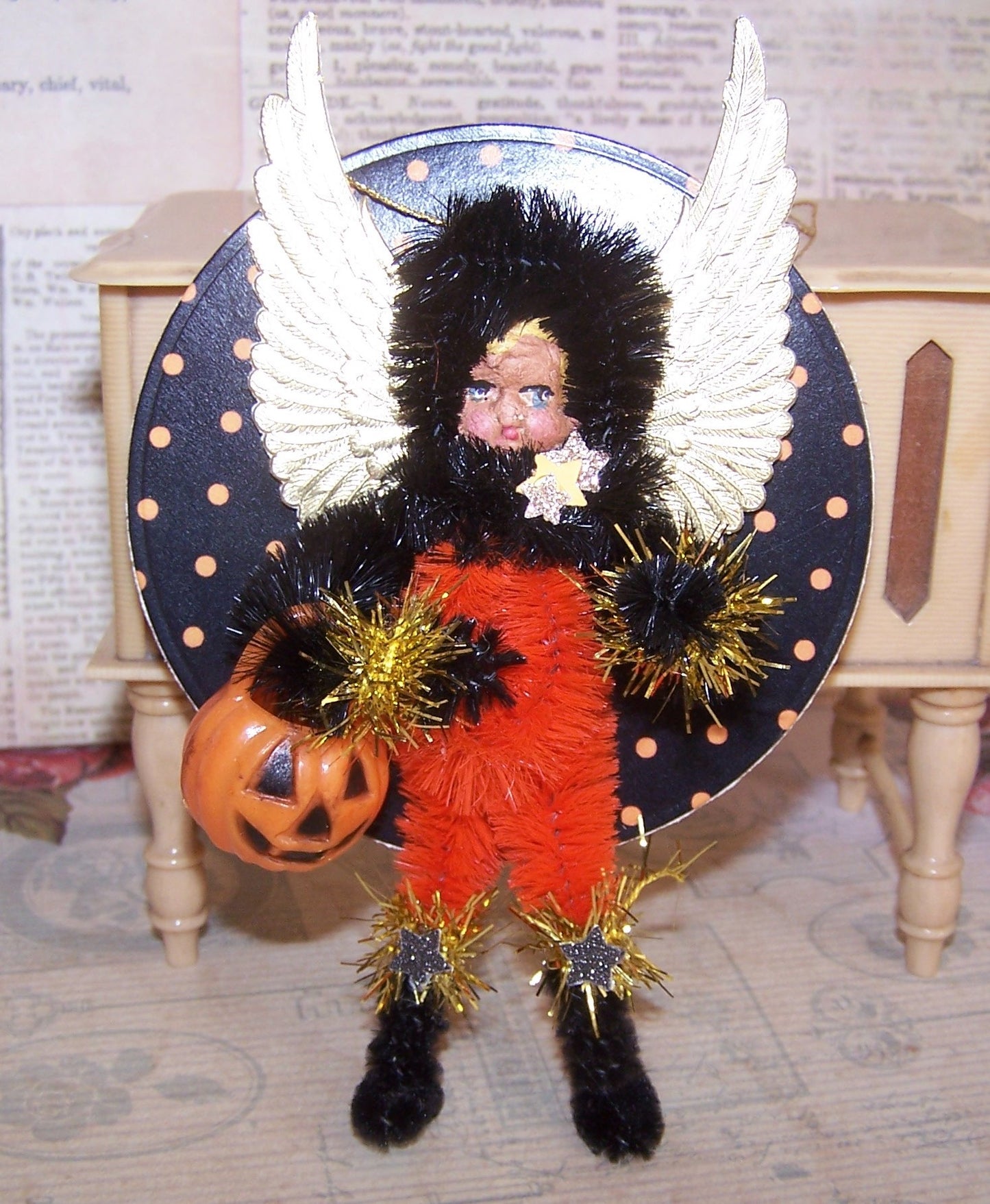 Chenille Halloween Ornament - Black & Orange Angel Trick or Treating