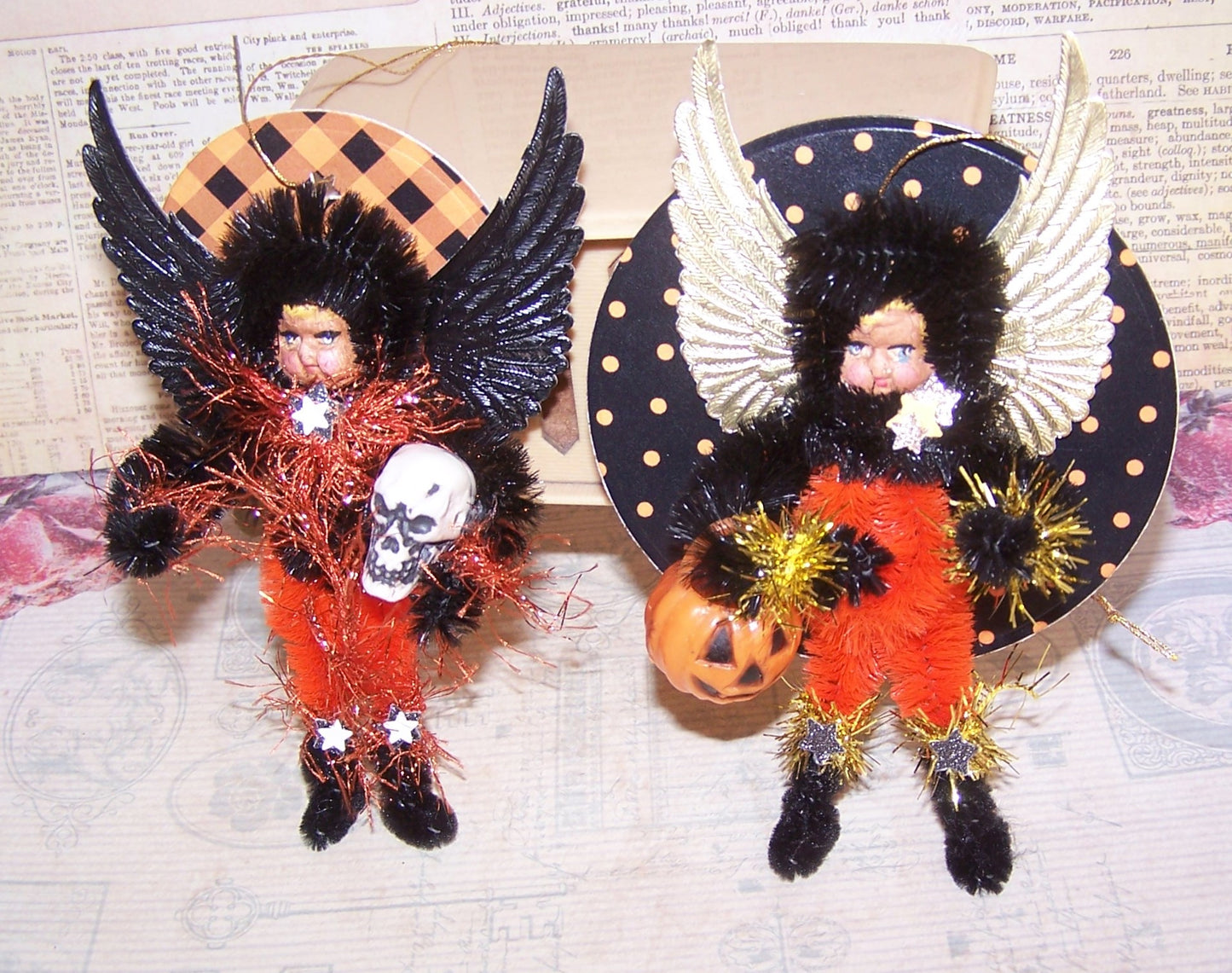 Chenille Halloween Ornament - Black & Orange Angel Carrying Skull