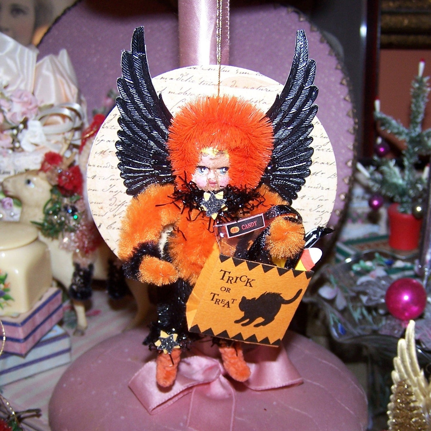 Chenille Halloween Ornament - Black/Orange Girl Trick or Treater