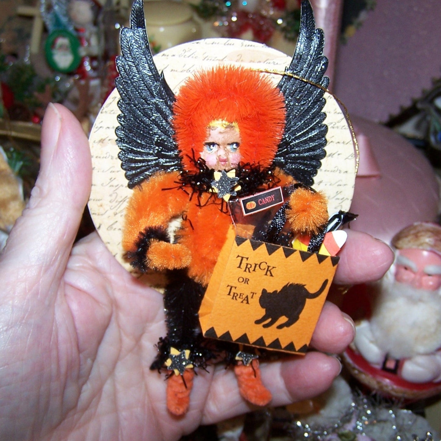 Chenille Halloween Ornament - Black/Orange Girl Trick or Treater