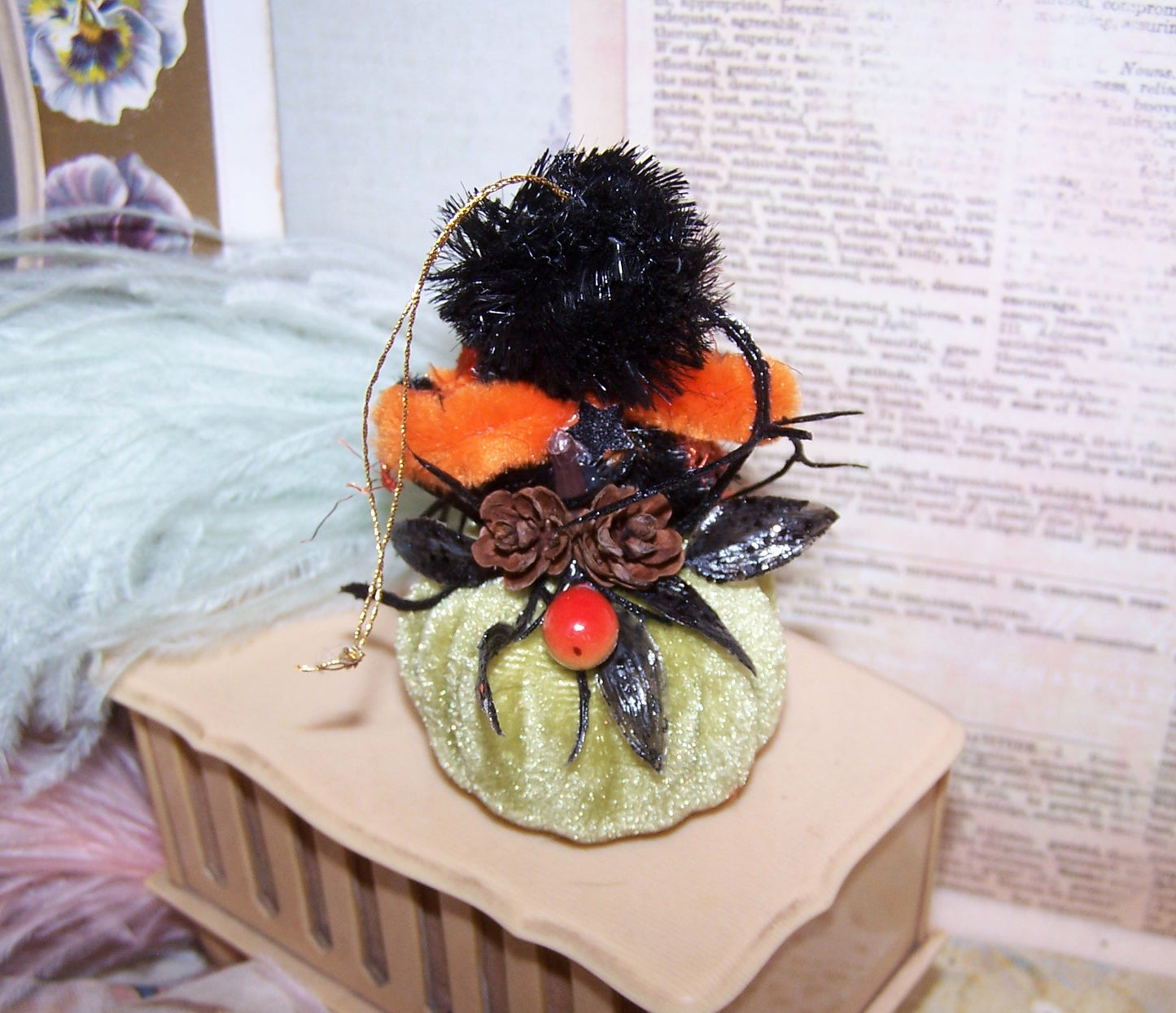 Vintage Look Mixed Media Halloween Ornament - Little Girl on Velvet Pumpkin