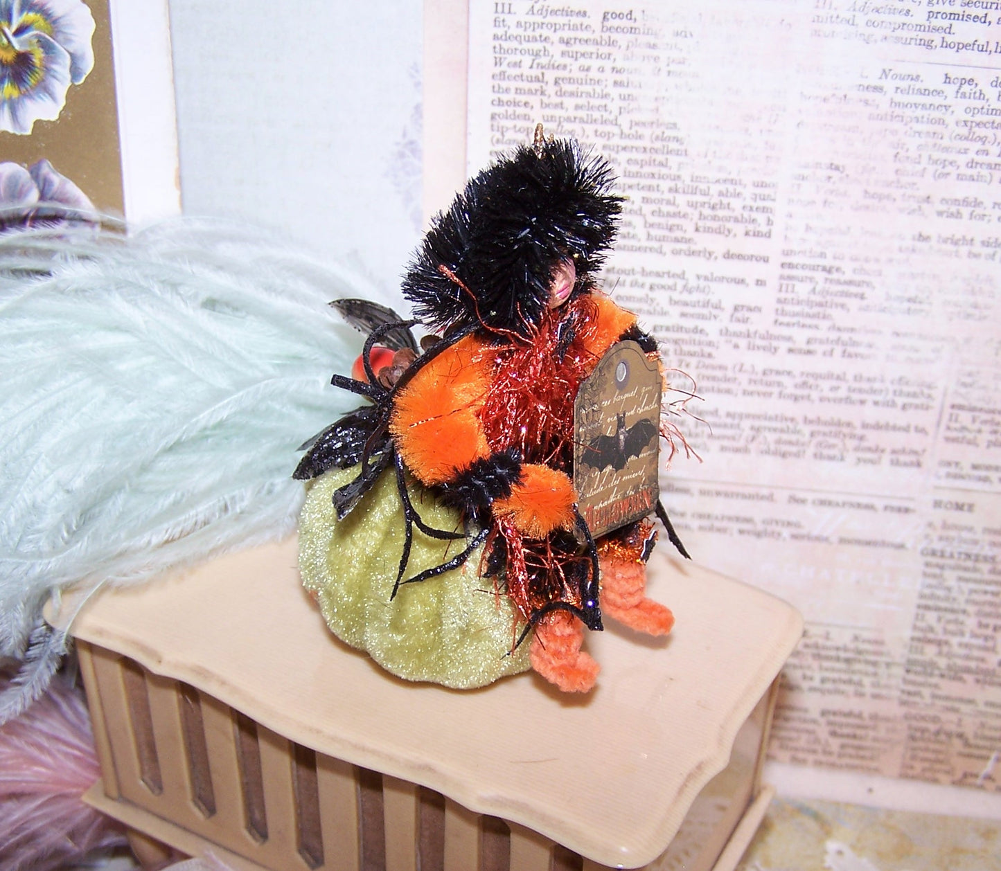 Vintage Look Mixed Media Halloween Ornament - Little Girl on Velvet Pumpkin