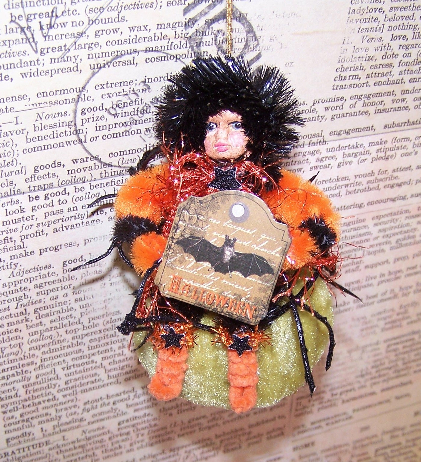 Vintage Look Mixed Media Halloween Ornament - Little Girl on Velvet Pumpkin