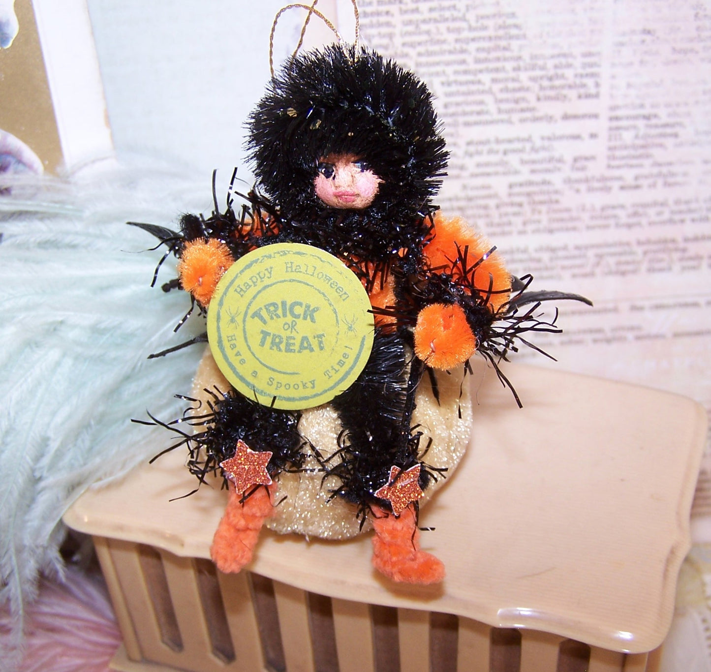 Trick or Treat! Vintage Look Halloween Ornament - Little Girl on Velvet Pumpkin