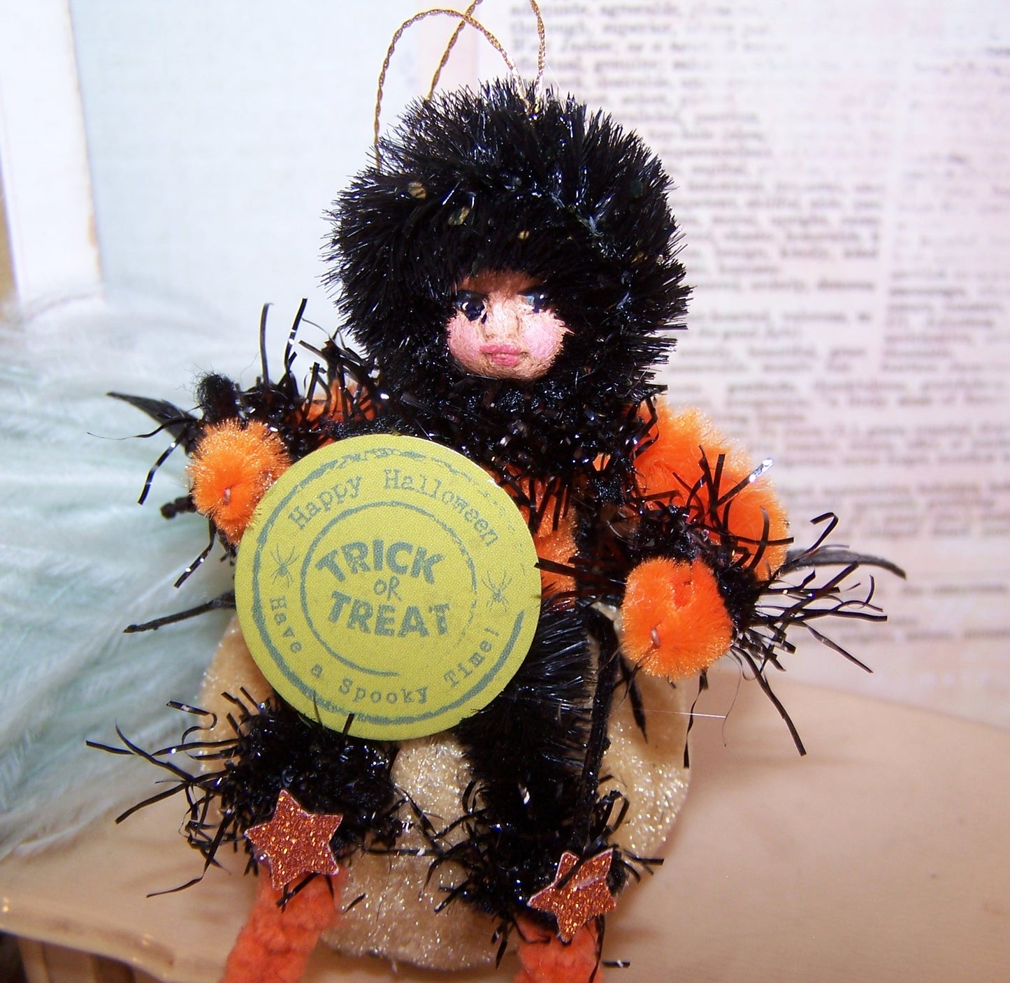 Trick or Treat! Vintage Look Halloween Ornament - Little Girl on Velvet Pumpkin