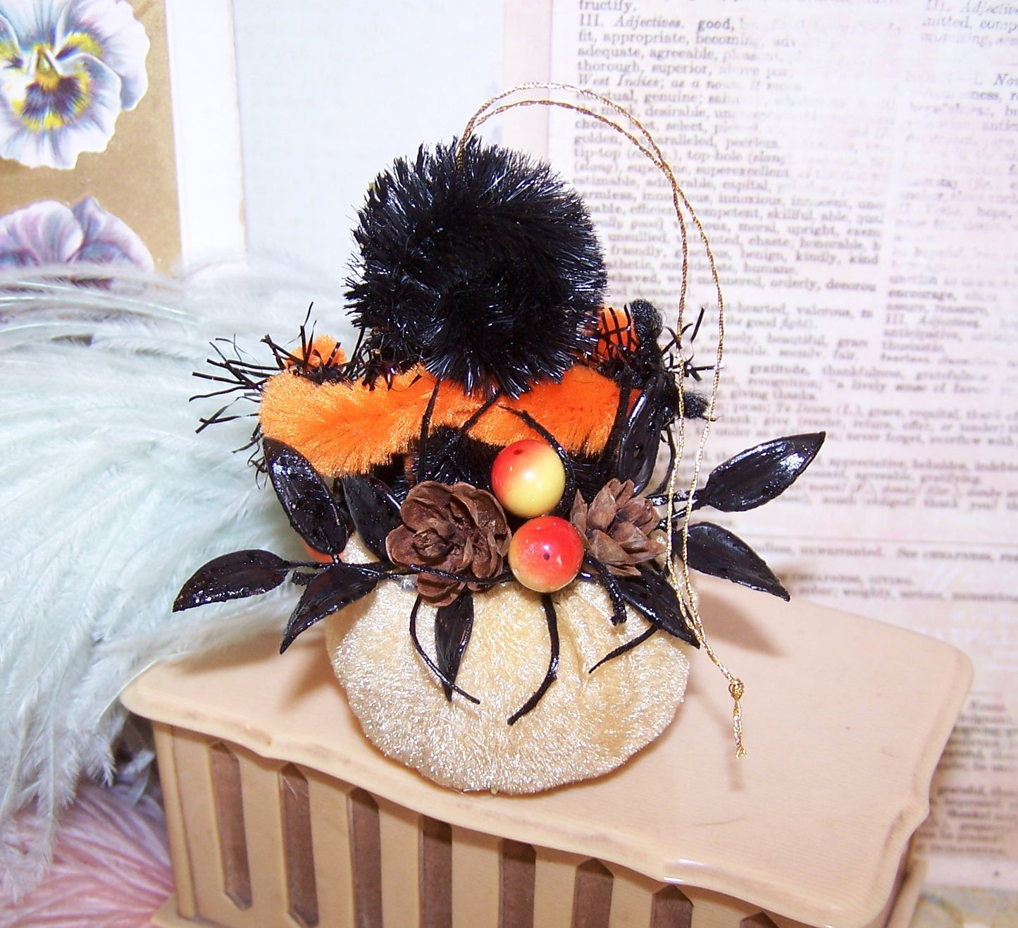 Trick or Treat! Vintage Look Halloween Ornament - Little Girl on Velvet Pumpkin