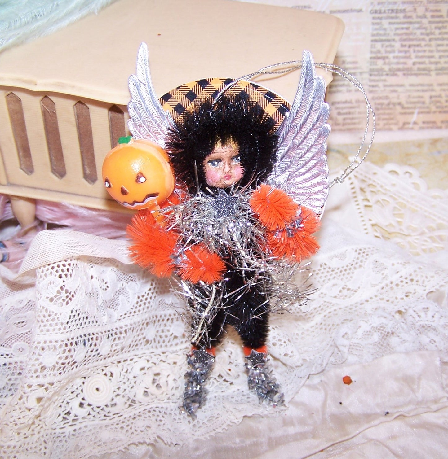 Vintage Look Mixed Media Halloween Ornament - Silver Angel Trick or Treater