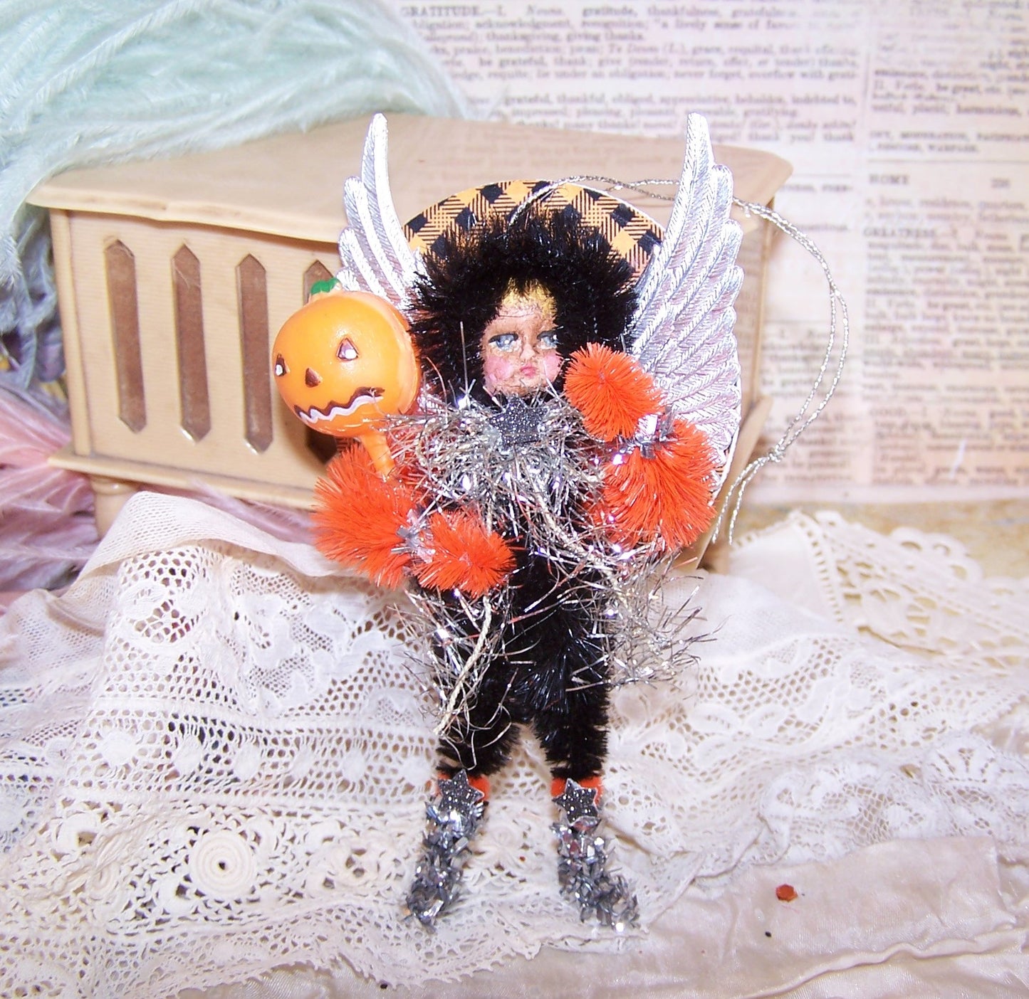 Vintage Look Mixed Media Halloween Ornament - Silver Angel Trick or Treater
