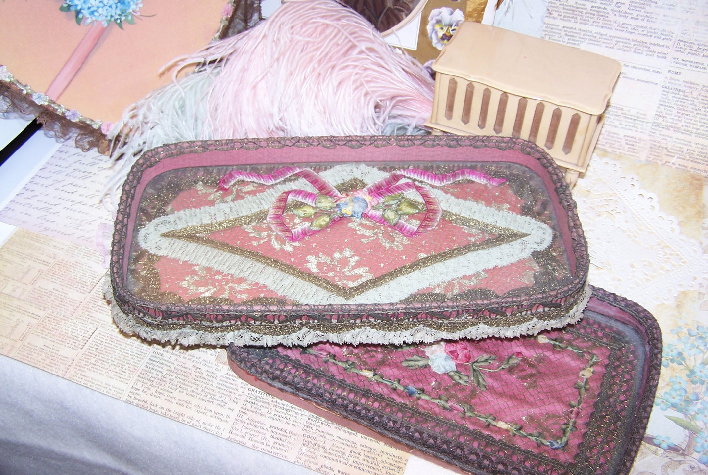 Antique French Ribbonwork Boudoir Tray with Rococo Ribbon Trim