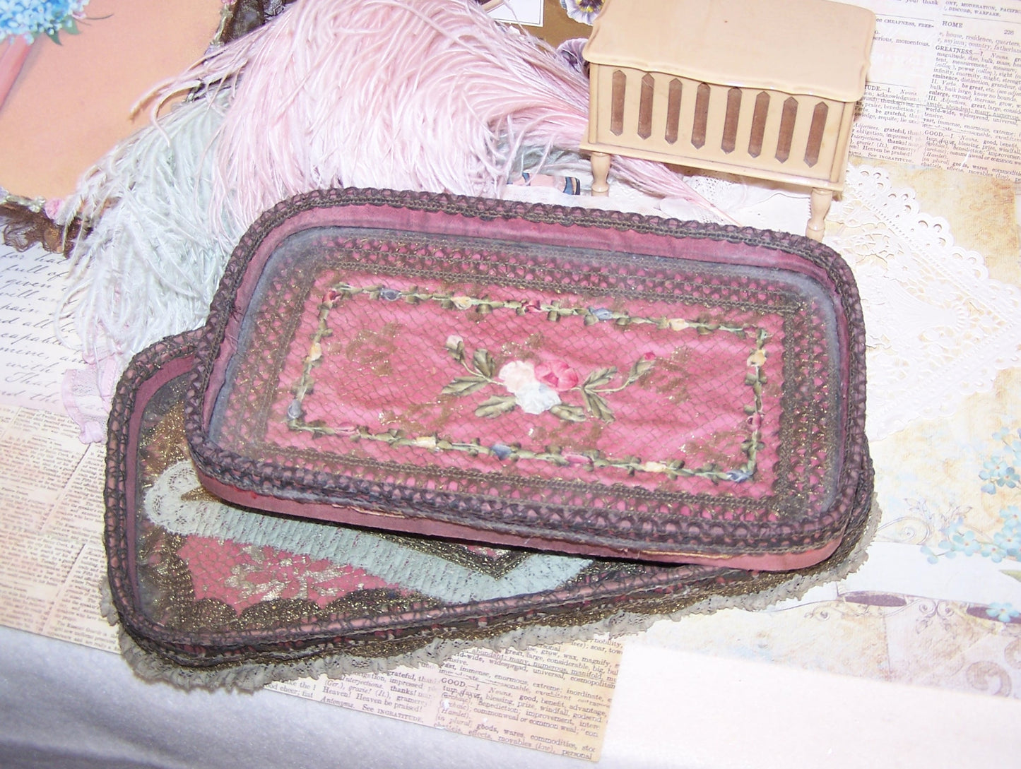 Antique French Ribbonwork Boudoir Tray with Rococo Ribbon Trim