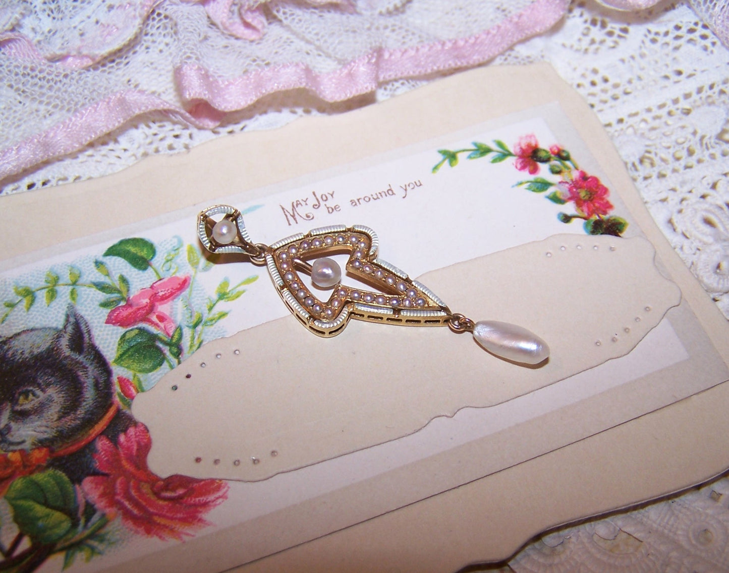 KREMENTZ Antique Edwardian 14K Gold Enamel Natural Pearl Pendant Lavaliere