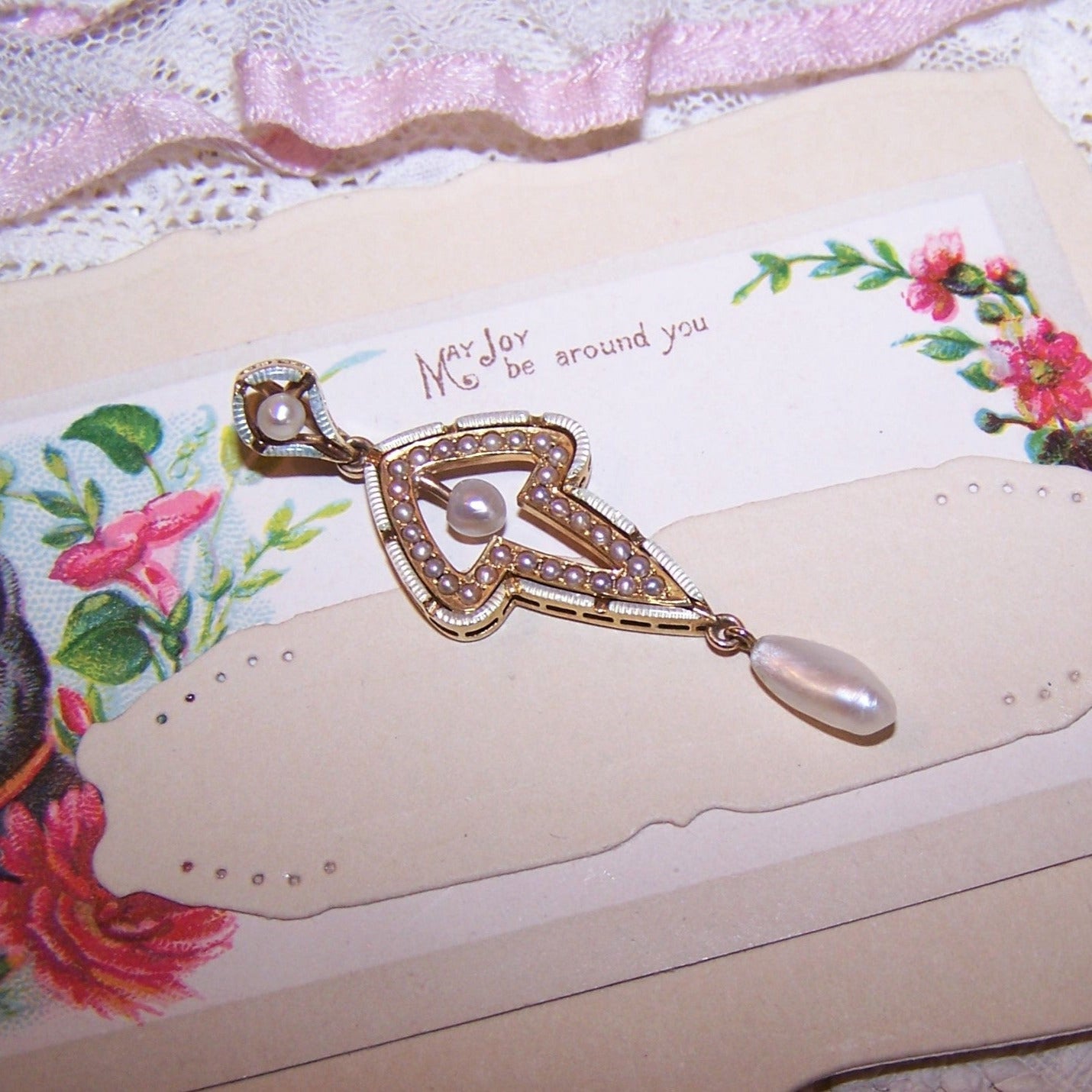 KREMENTZ Antique Edwardian 14K Gold Enamel Natural Pearl Pendant Lavaliere
