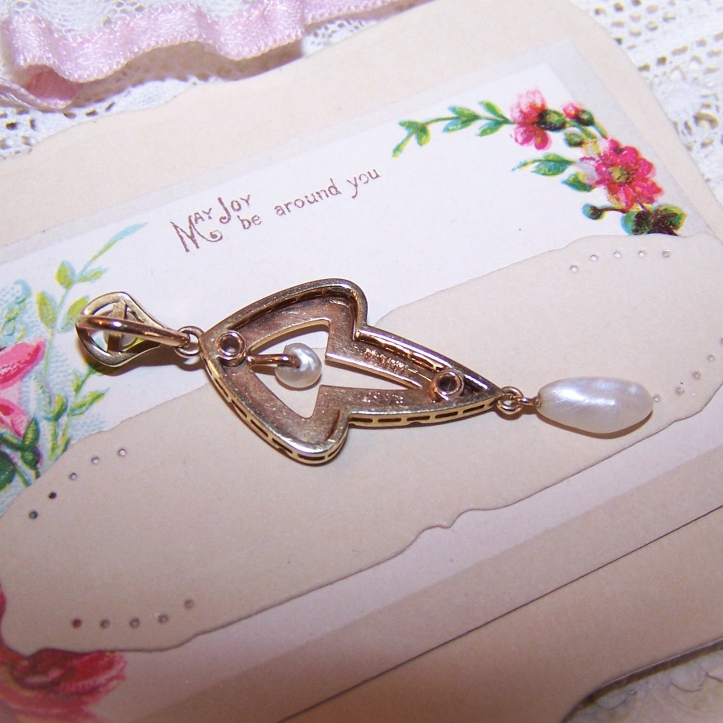 KREMENTZ Antique Edwardian 14K Gold Enamel Natural Pearl Pendant Lavaliere