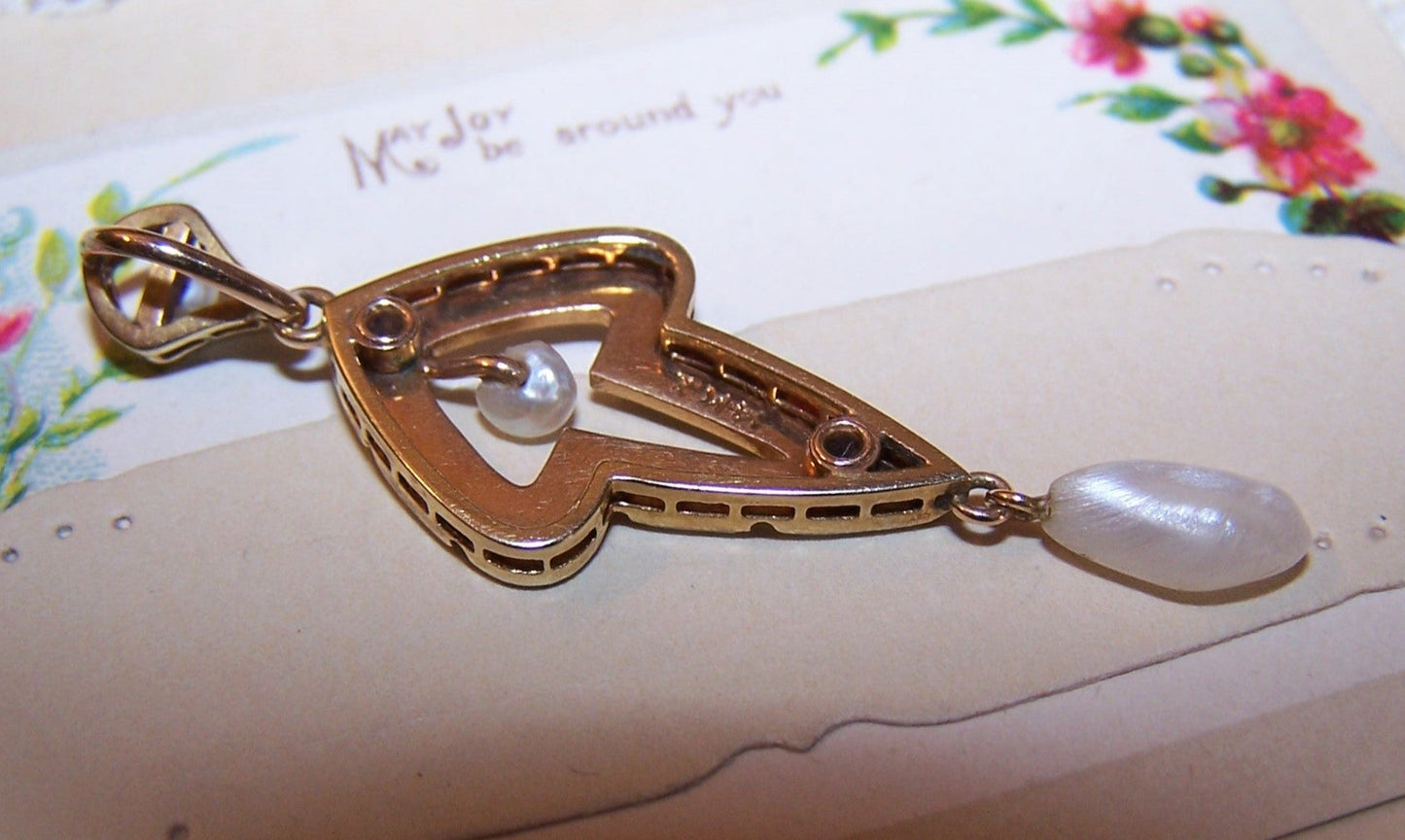 KREMENTZ Antique Edwardian 14K Gold Enamel Natural Pearl Pendant Lavaliere