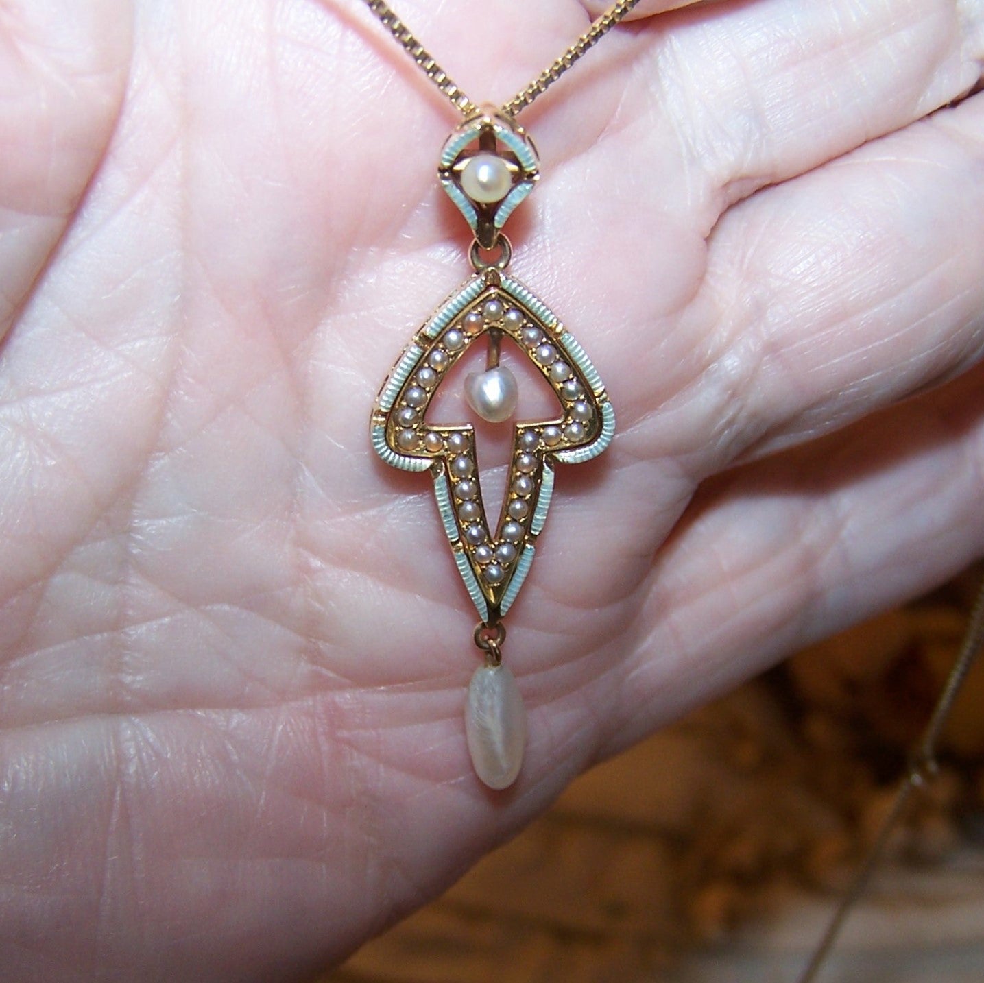 KREMENTZ Antique Edwardian 14K Gold Enamel Natural Pearl Pendant Lavaliere