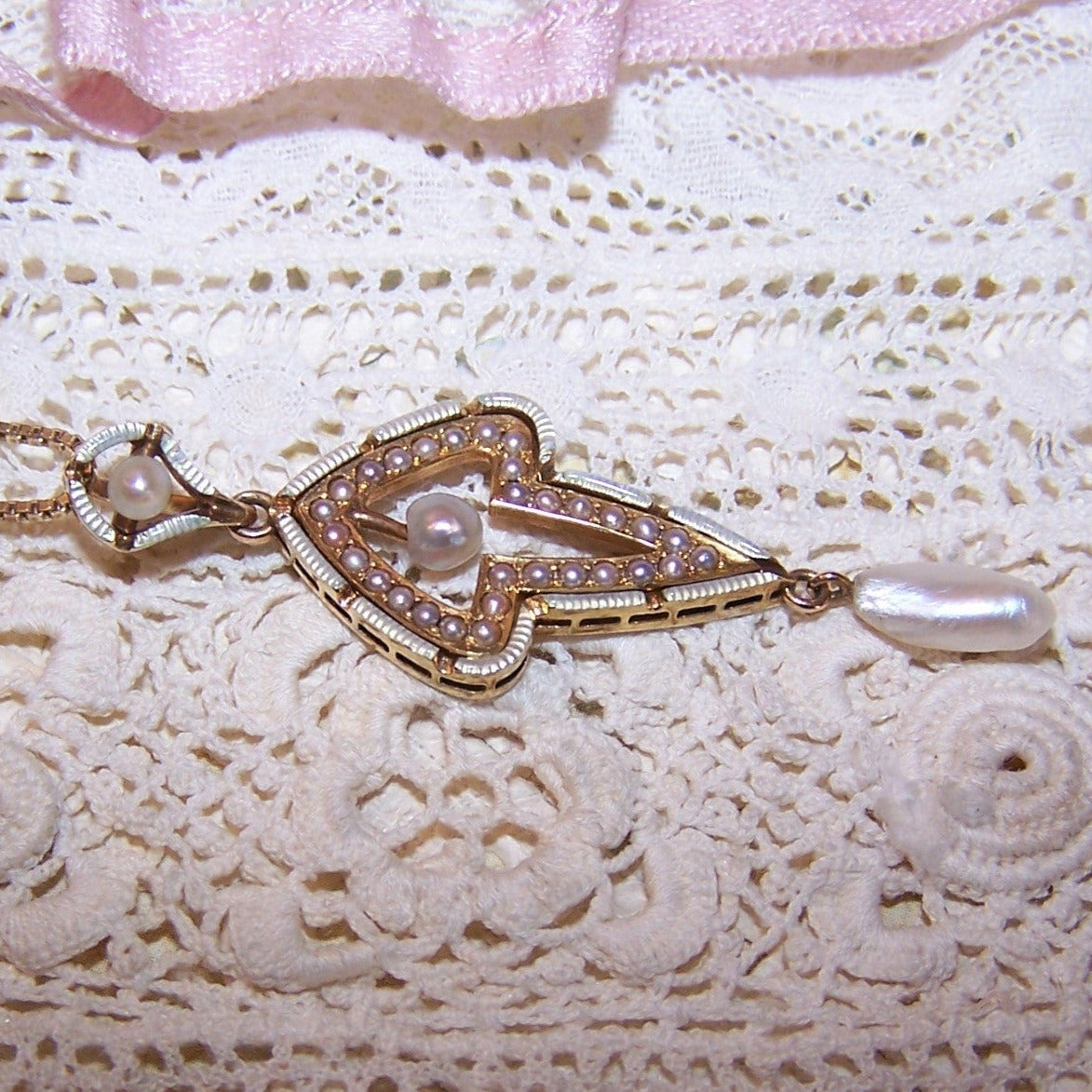 KREMENTZ Antique Edwardian 14K Gold Enamel Natural Pearl Pendant Lavaliere