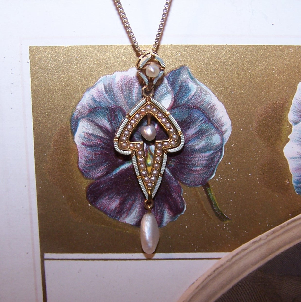 KREMENTZ Antique Edwardian 14K Gold Enamel Natural Pearl Pendant Lavaliere