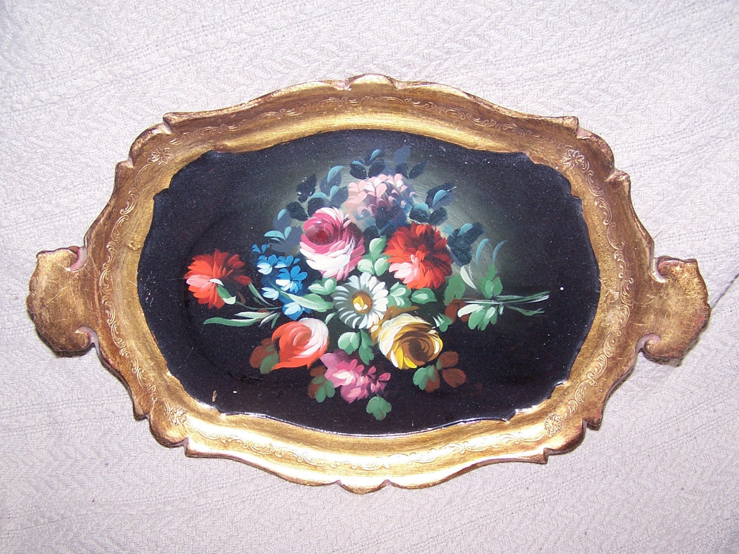 Made in Italy Italian Tole Tray - Handpainted Florals on Black Background
