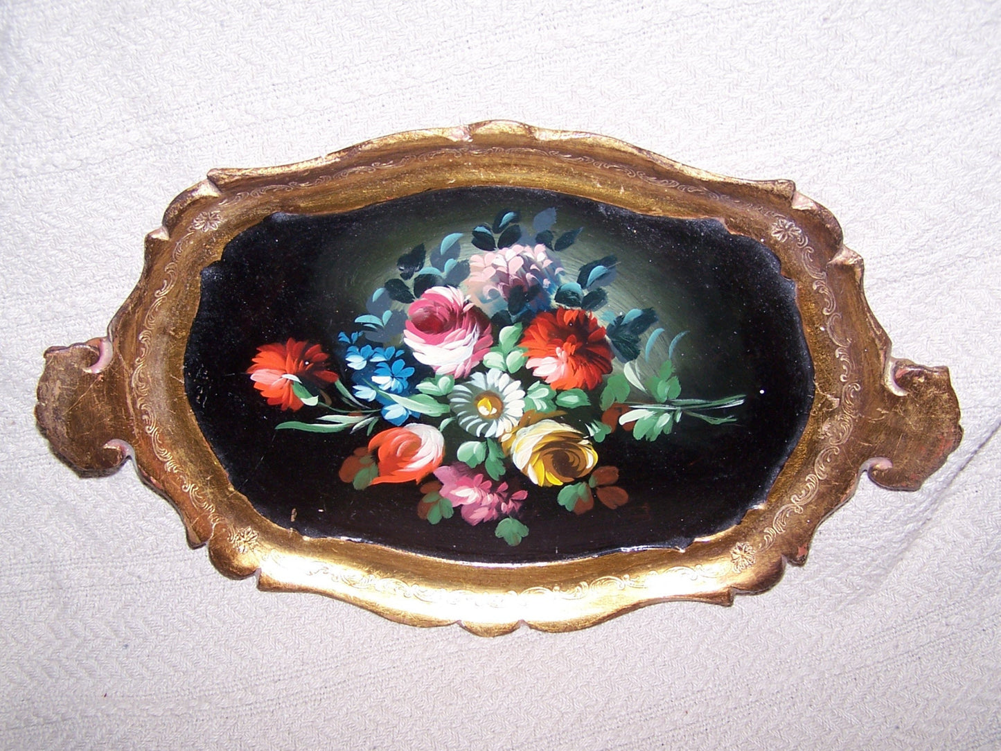 Made in Italy Italian Tole Tray - Handpainted Florals on Black Background