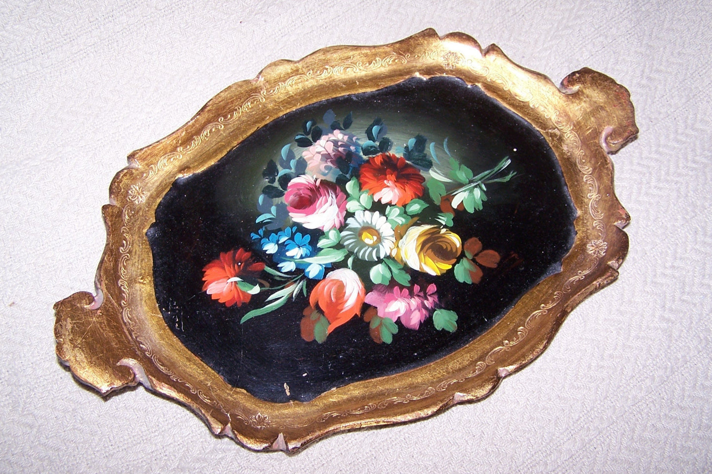 Made in Italy Italian Tole Tray - Handpainted Florals on Black Background