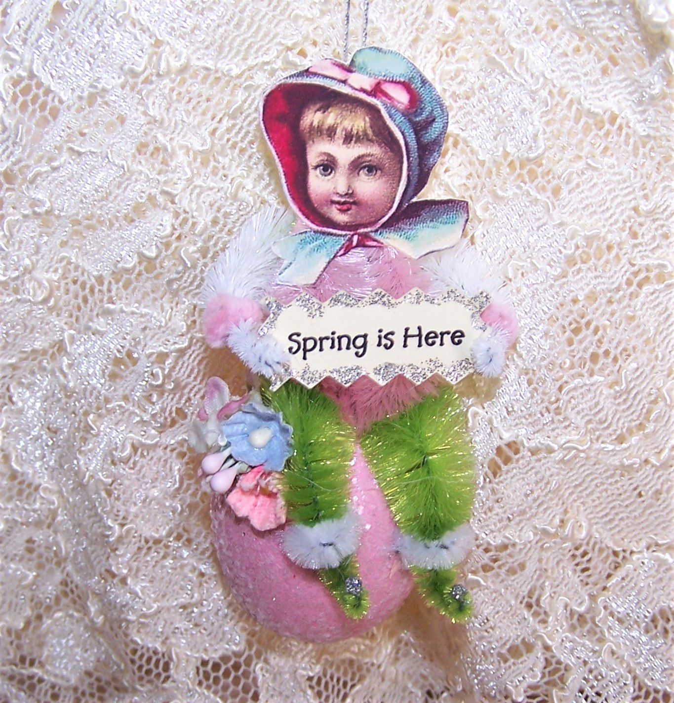 Handcrafted Chenille Ornament | Victorian Girl on Pink Egg - SPRING IS HERE