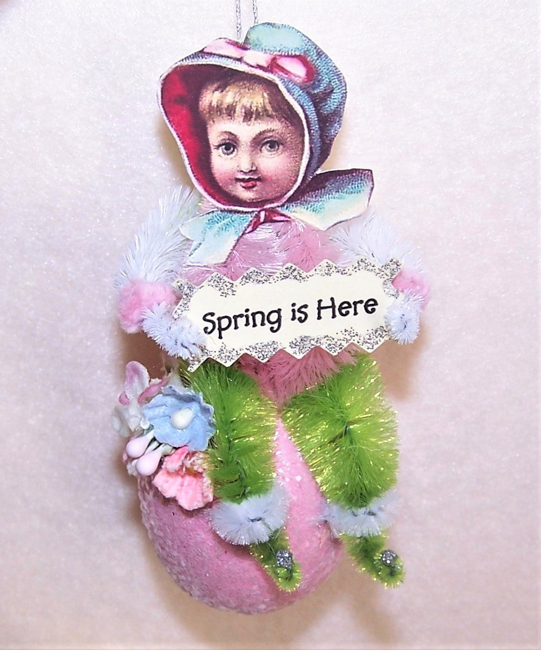 Handcrafted Chenille Ornament | Victorian Girl on Pink Egg - SPRING IS HERE