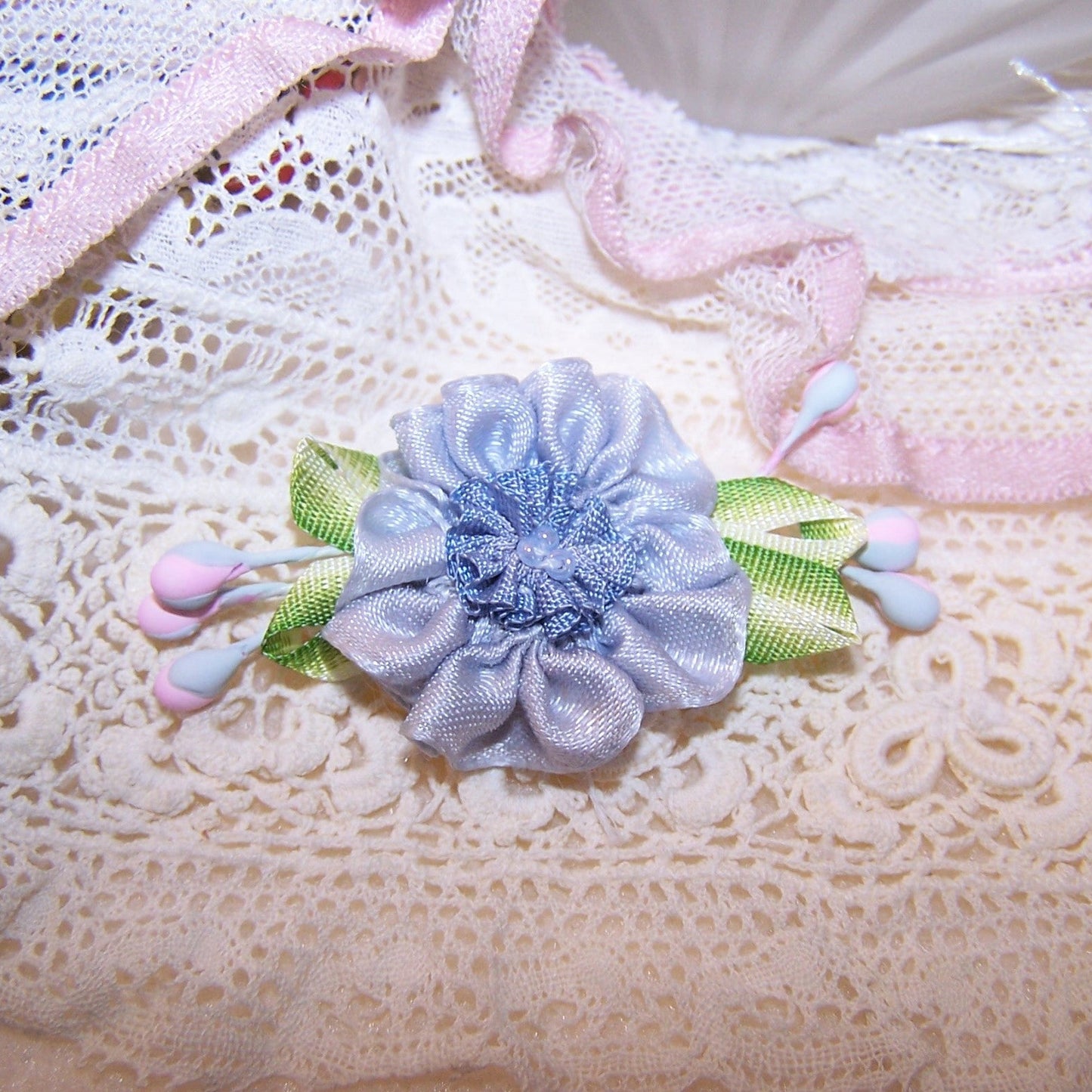 French Revival Ribbonwork Rose - Blue Satin Green Leaves and Sugar Pips
