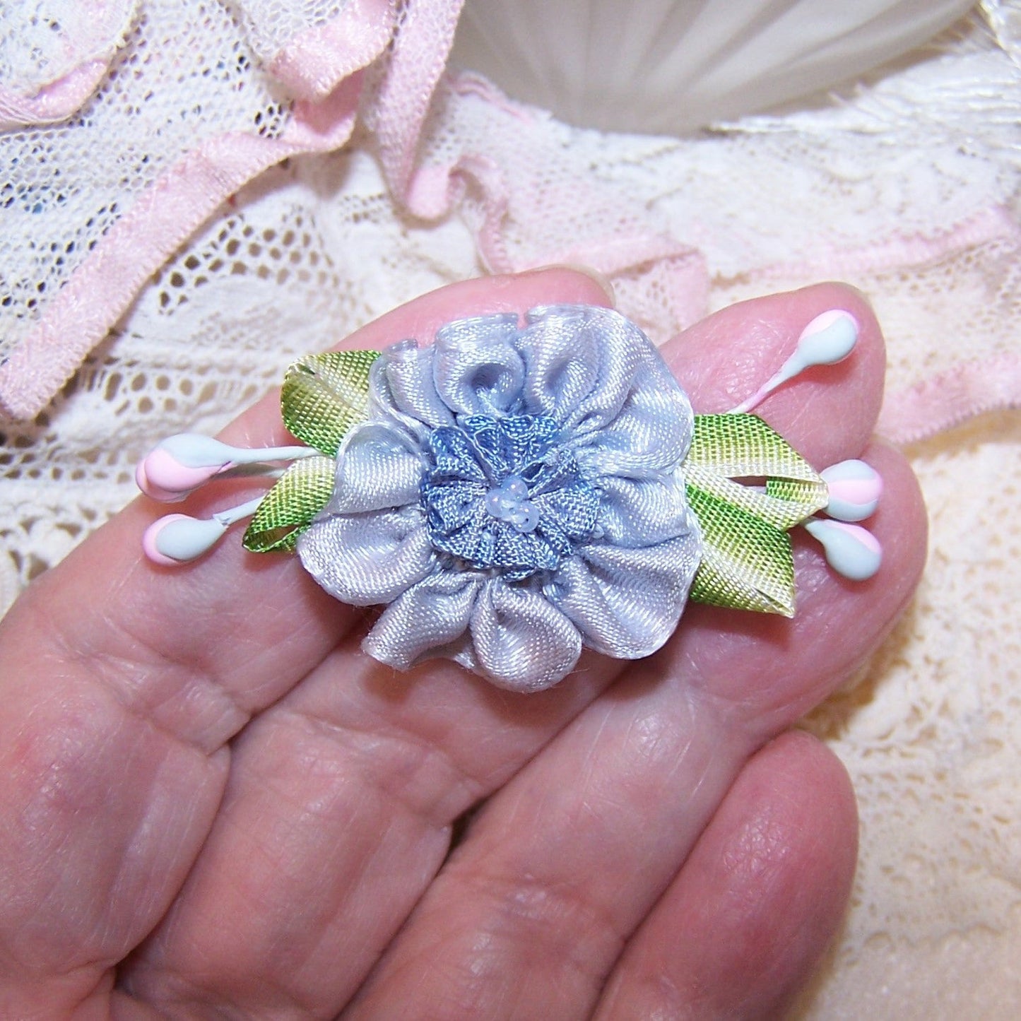 Revival French Ribbonwork Rose - Blue Satin Green Leaves and Sugar Pips