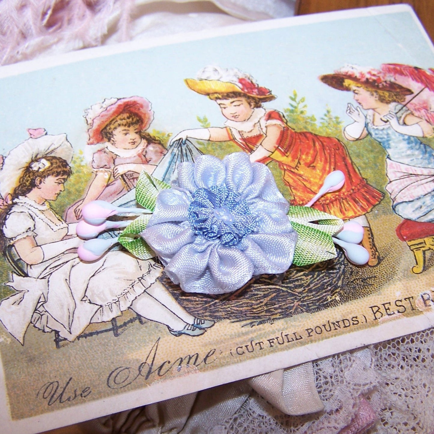 Revival French Ribbonwork Rose - Blue Satin Green Leaves and Sugar Pips