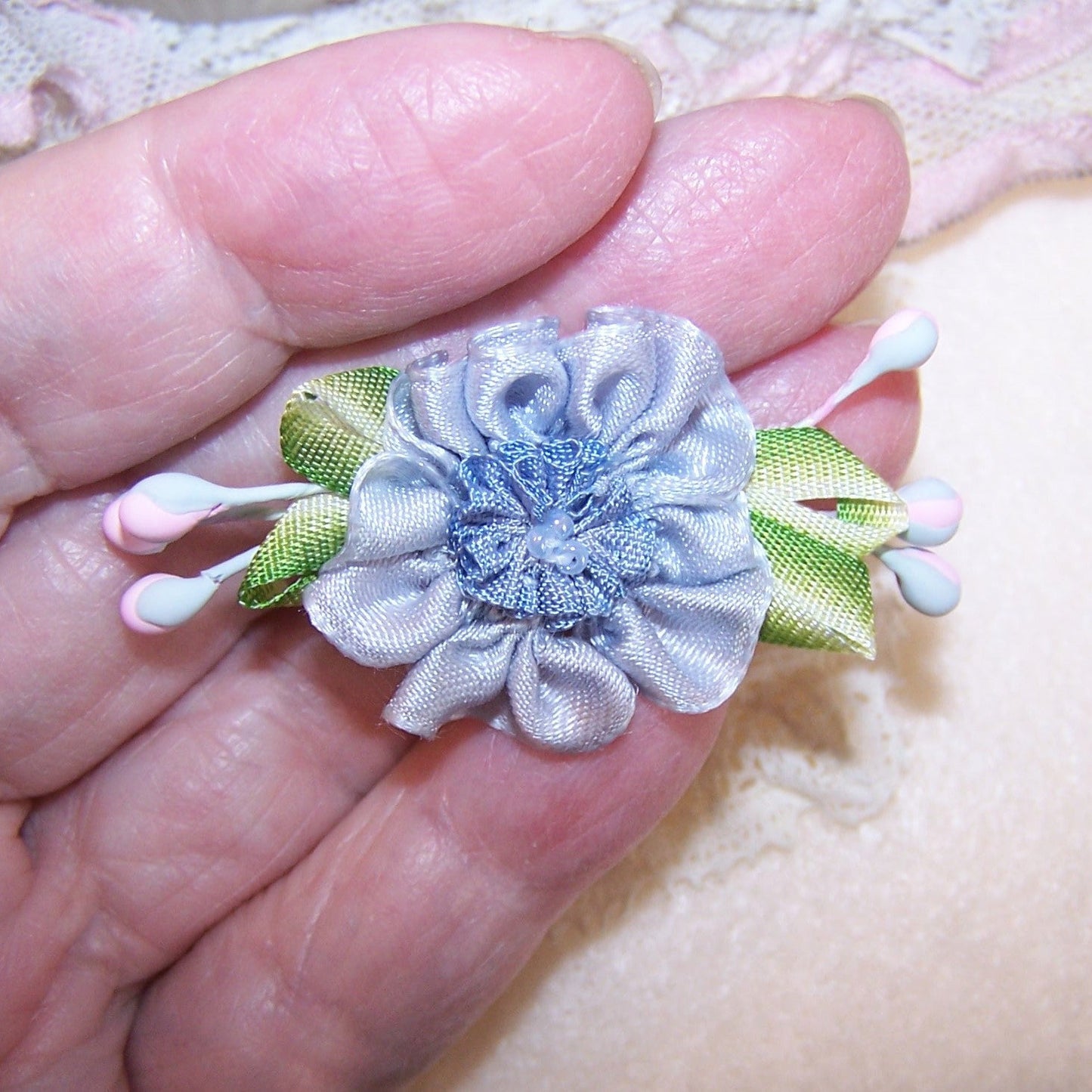 Revival French Ribbonwork Rose - Blue Satin Green Leaves and Sugar Pips