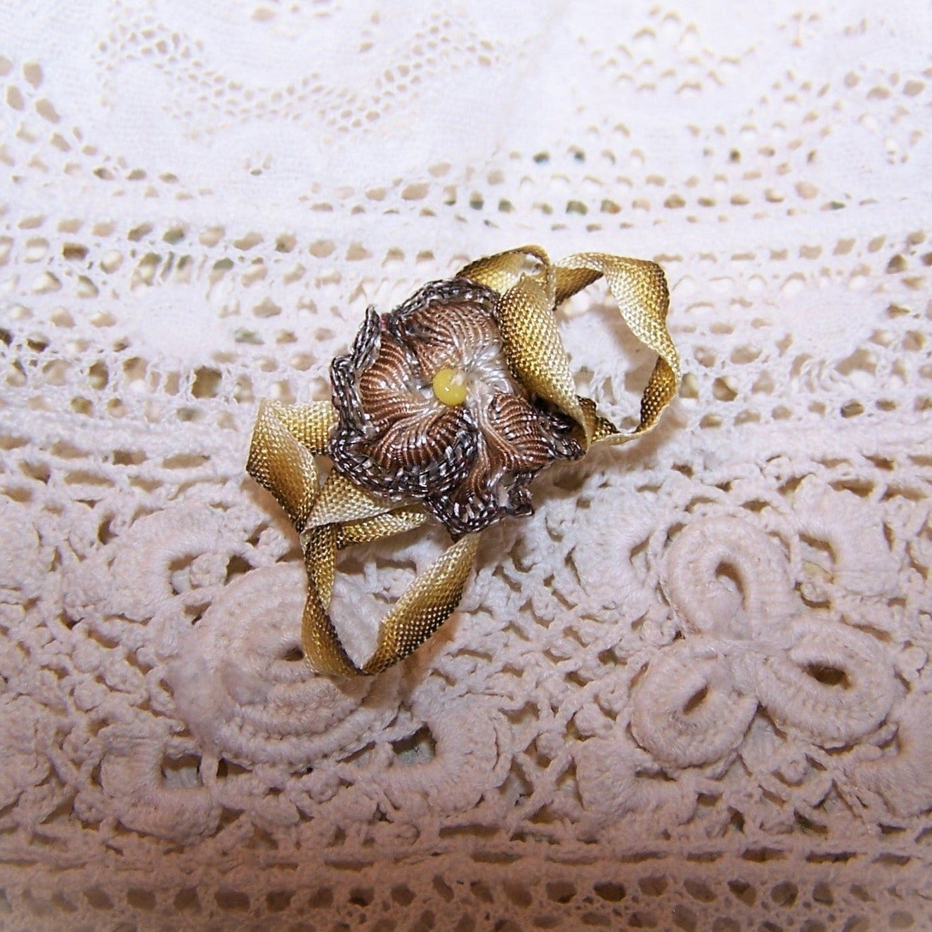 Antique French Ribbonwork - Ombre Ribbon Rose with Leaves