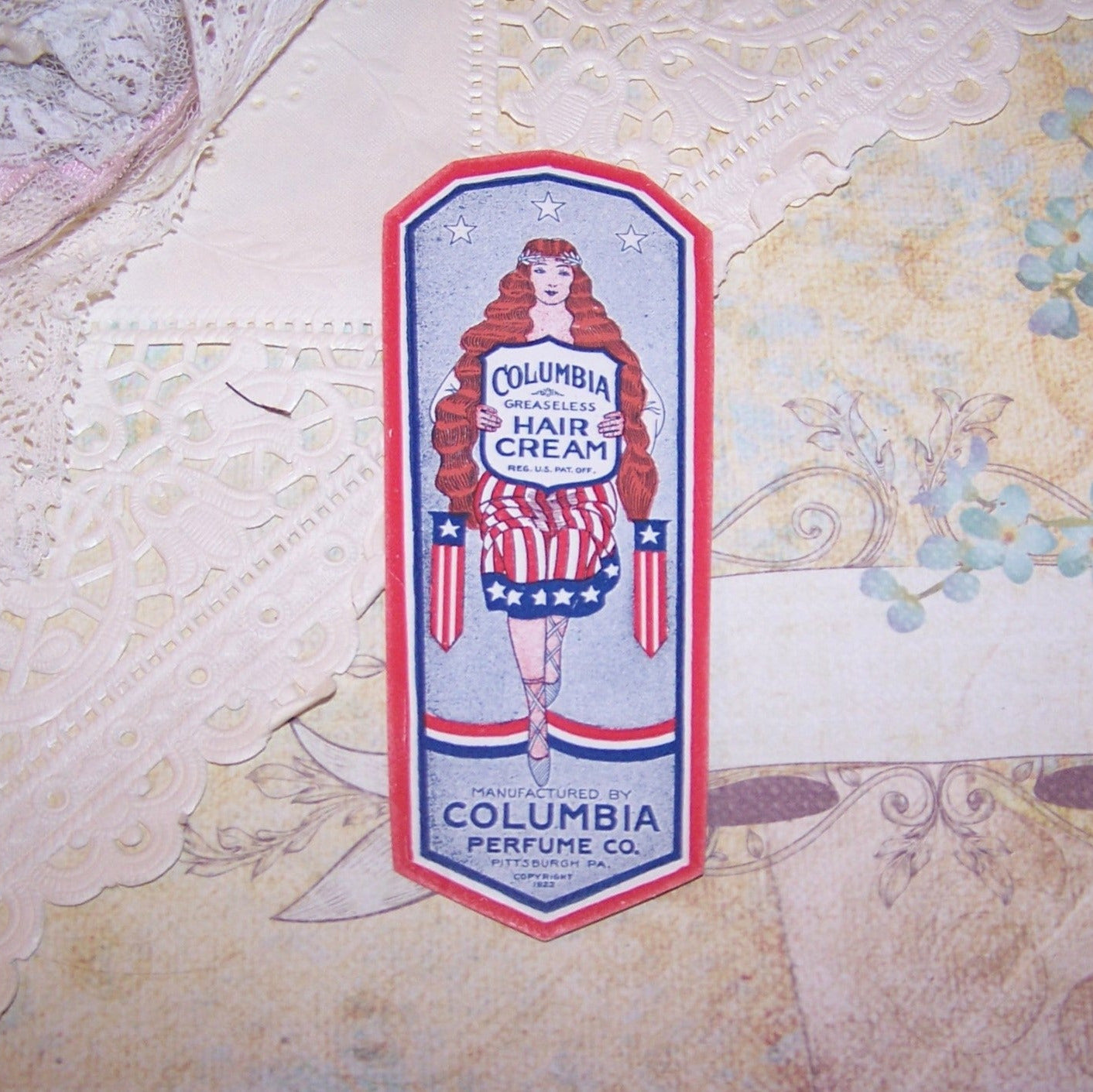 Set of 3 Art Deco Mint Unused Columbia Greaseless Hair Cream labels by the Columbia Perfume Co. Lady Liberty Image. Size is 3-7/8" high x 1-5/8" wide.