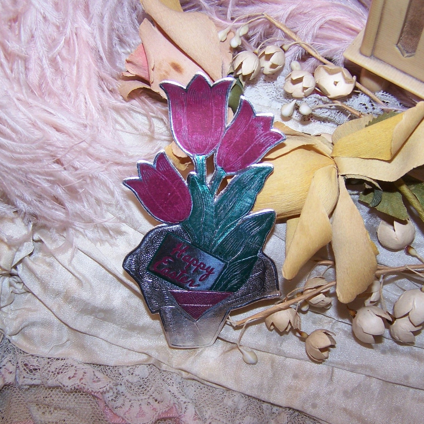 4 Silver Foil Package Stickers of Potted Tulips - Happy Easter
