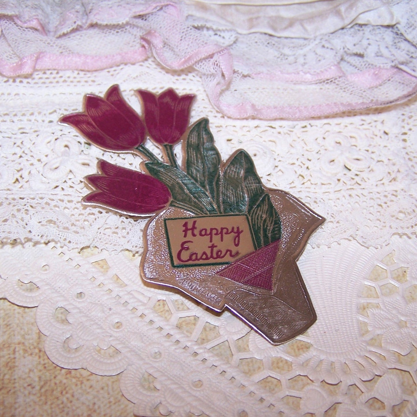 4 Silver Foil Package Stickers of Potted Tulips - Happy Easter