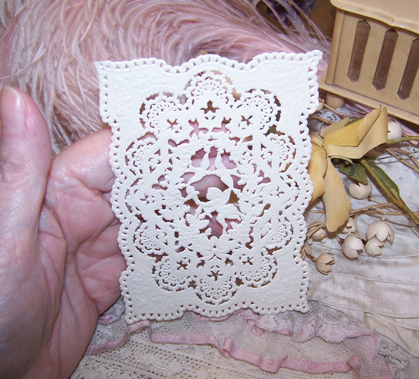 Genuine Antique Victorian Paper Lace - Angel and Turtle Doves