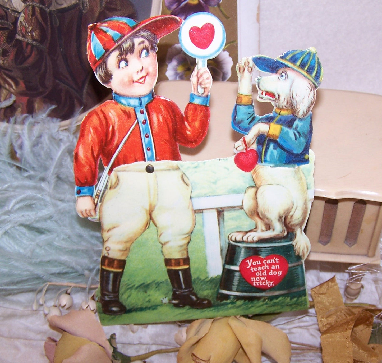 Art Deco German Mechanical Valentine - Horse Racing Jockey with Dog