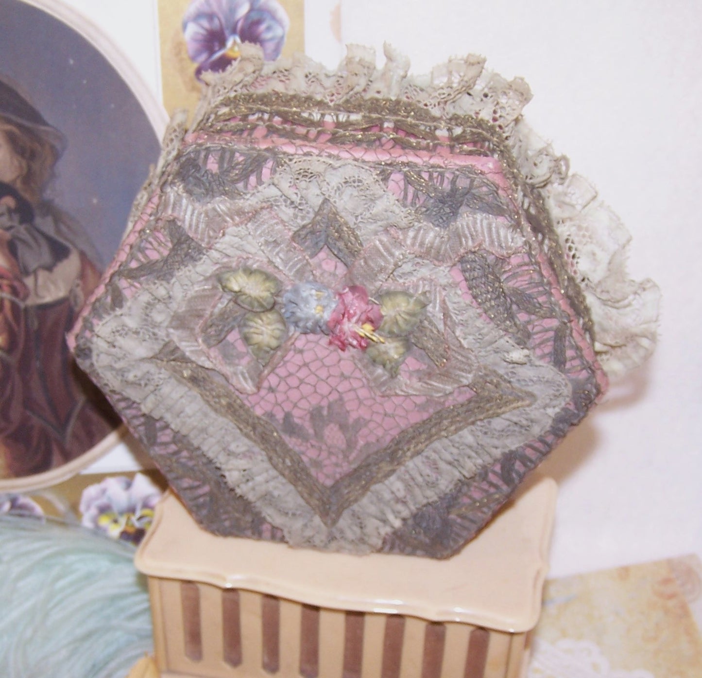 Antique French Ribbonwork Boudoir Box - Mauve, Gold Lace & Rococo Ribbon Trim