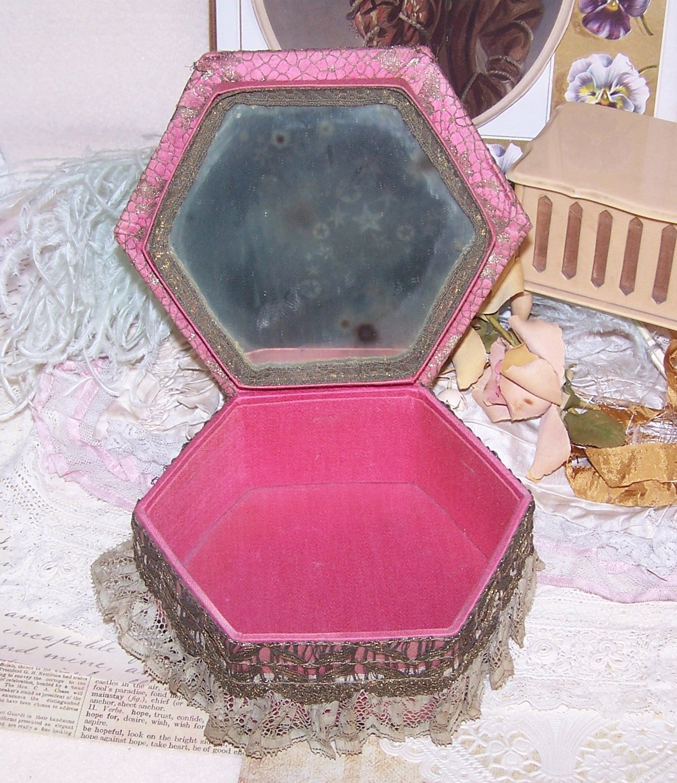 Antique French Ribbonwork Boudoir Box - Mauve, Gold Lace & Rococo Ribbon Trim