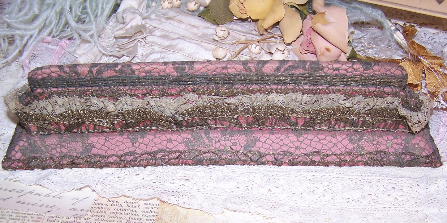 Antique French Ribbonwork Comb and Holder - Mauve Fabric, Gold Lace & Rococo Ribbon Trim