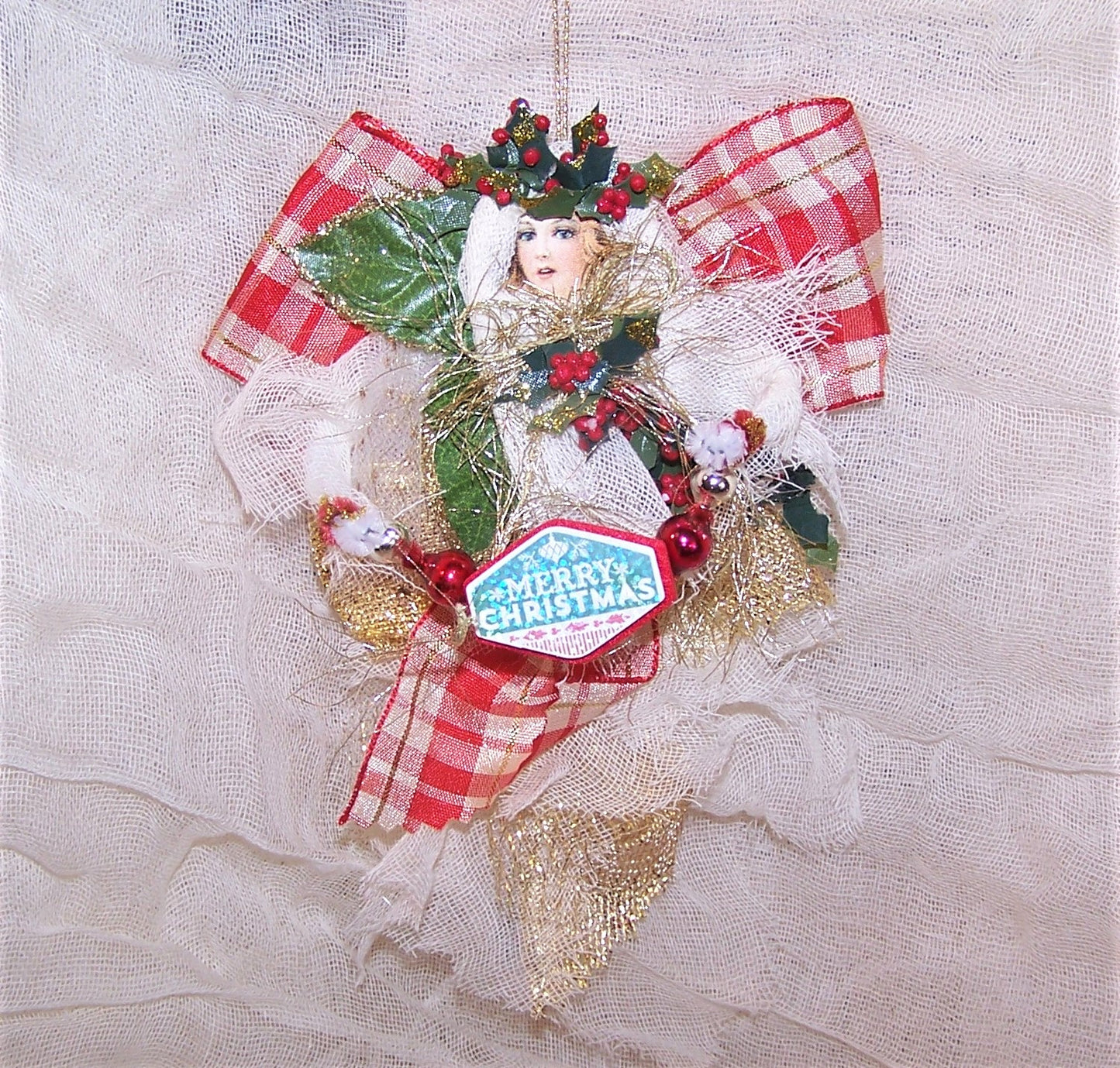 Victorian Revival Mixed Media Angel Christmas Ornament | Red Plaid & Holly