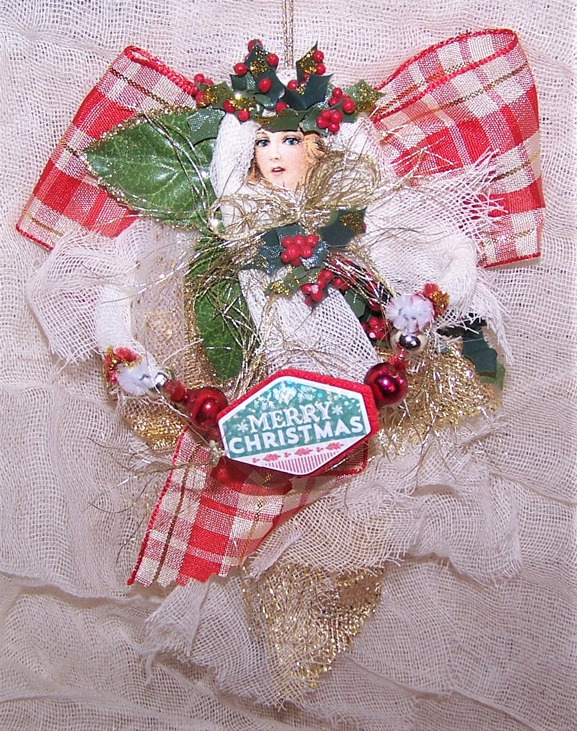 Victorian Revival Mixed Media Angel Christmas Ornament | Red Plaid & Holly