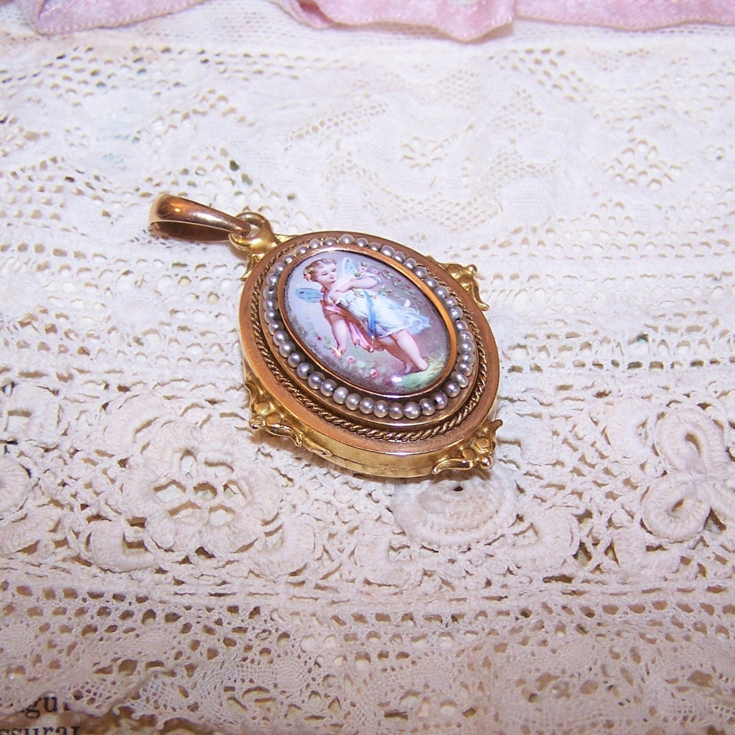 Antique Victorian 14K Gold Pearl Locket with Hand Painted Enamel Fairy
