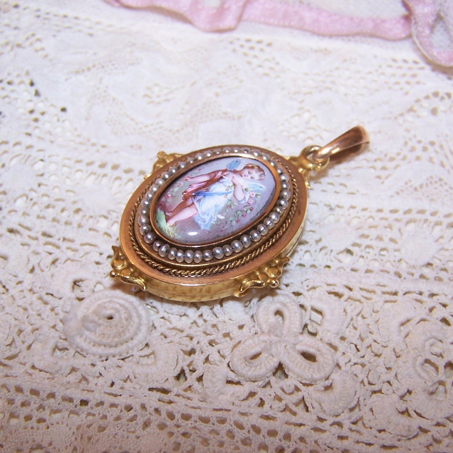 Antique Victorian 14K Gold Pearl Locket with Hand Painted Enamel Fairy