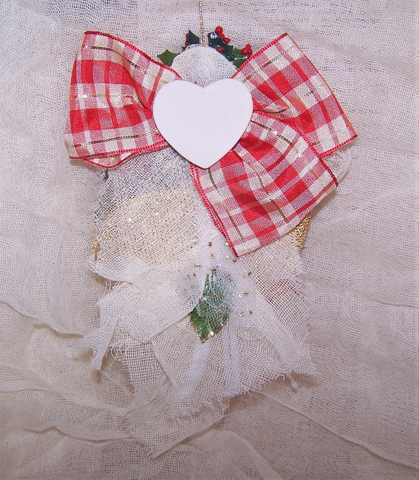 Victorian Revival Mixed Media Angel Christmas Ornament | Red Plaid & Holly
