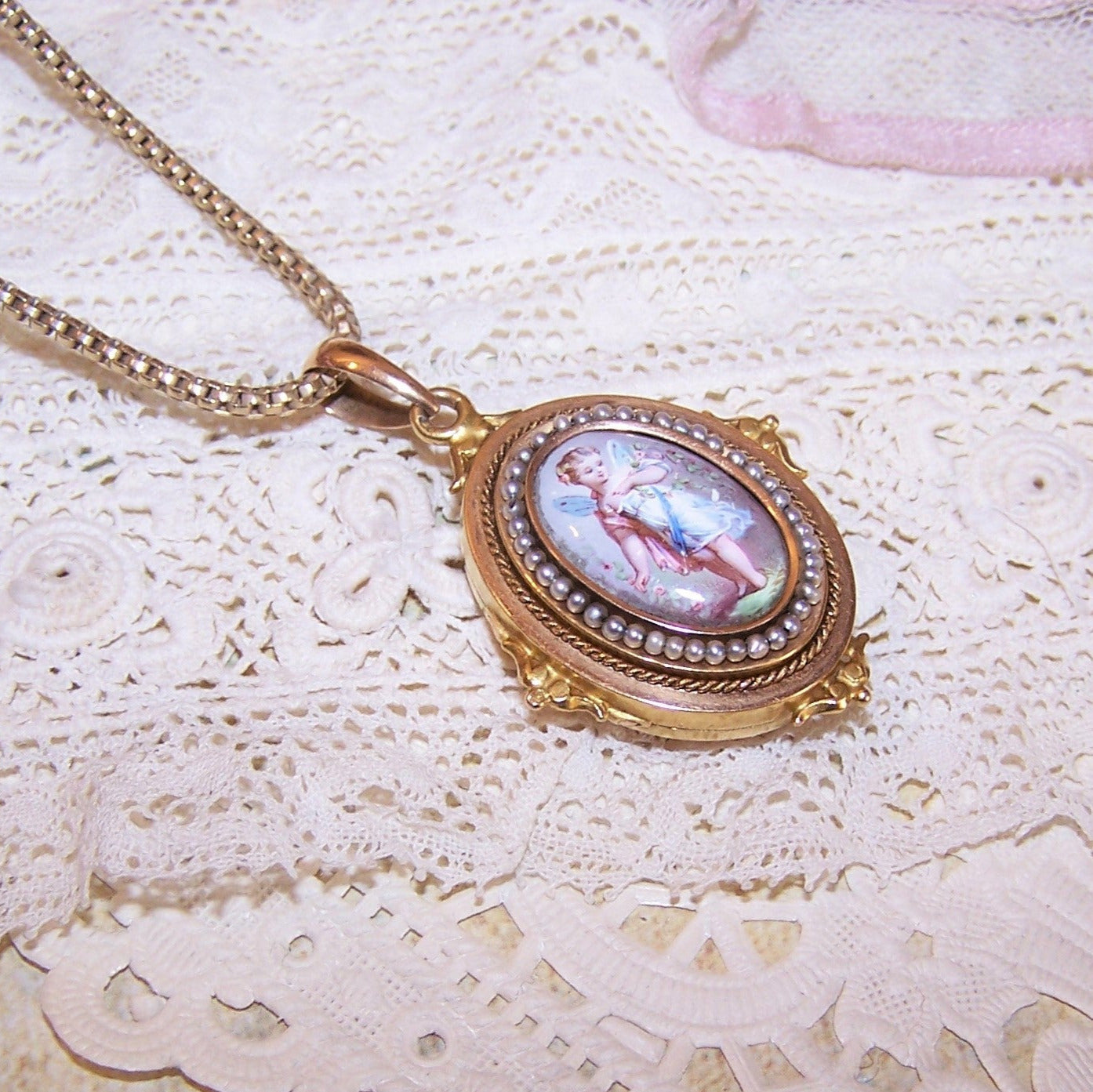 Antique Victorian 14K Gold Pearl Locket with Hand Painted Enamel Fairy