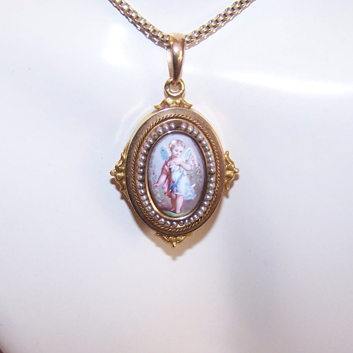 Antique Victorian 14K Gold Pearl Locket with Hand Painted Enamel Fairy