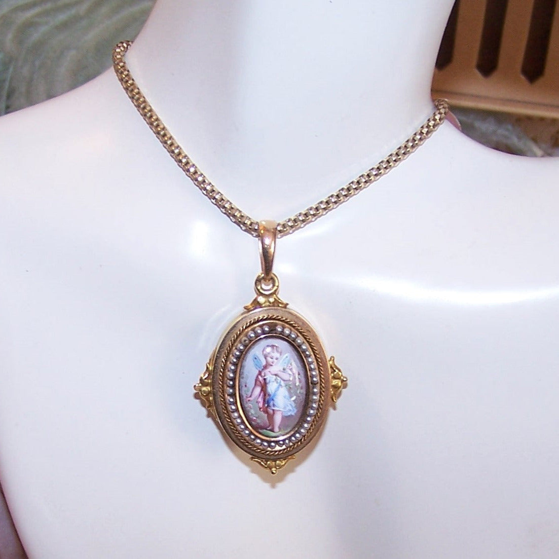 Antique Victorian 14K Gold Pearl Locket with Hand Painted Enamel Fairy