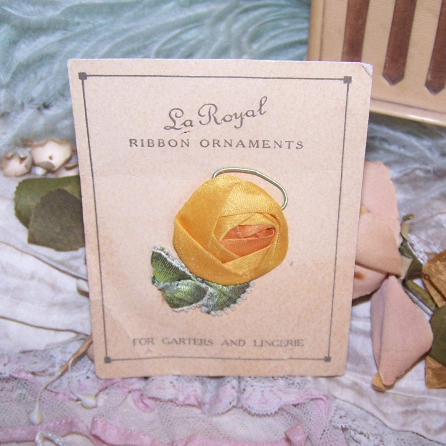 Antique French Ribbonwork Rose Applique | Original American Sales Card