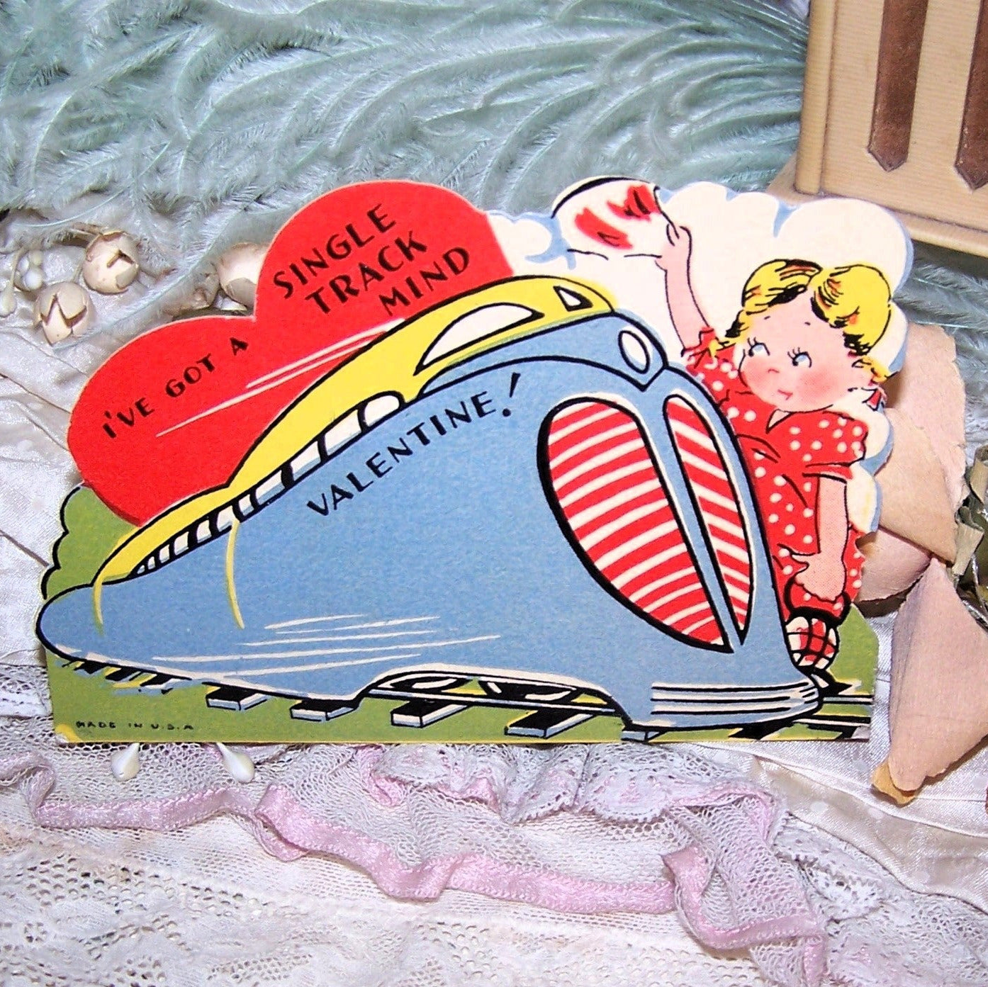 Art Deco Paper Valentine - Little Girl with Streamliner Train