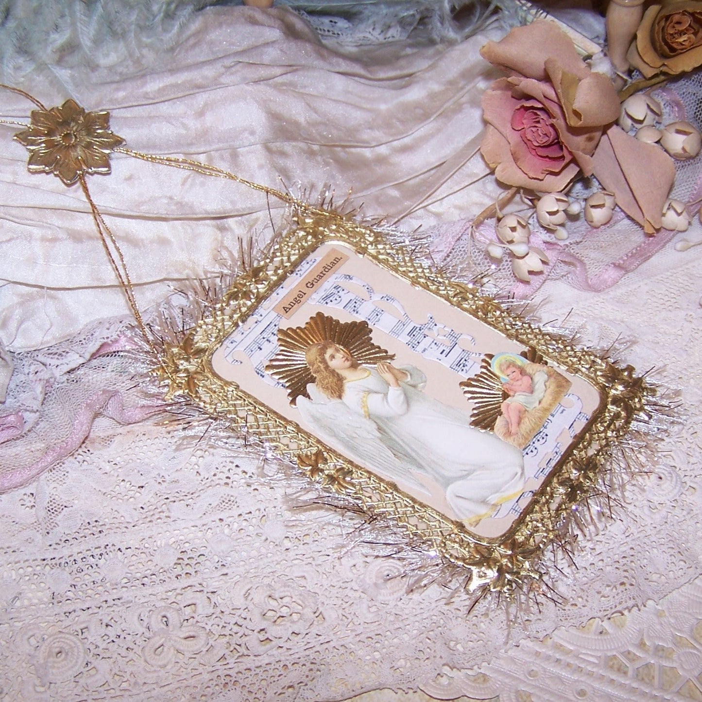 Mixed Media Gift Card or Ornament | Guardian Angel Watching Baby